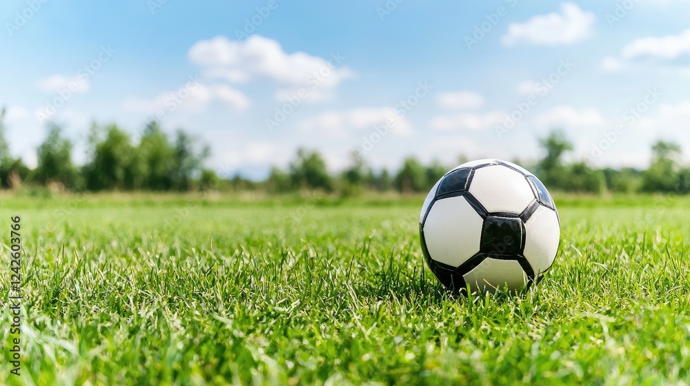 Obraz premium Soccer ball on green field, sunny day, trees background