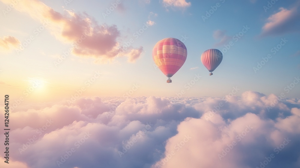 Fototapeta premium Sunset hot air balloons soar above cloudscape