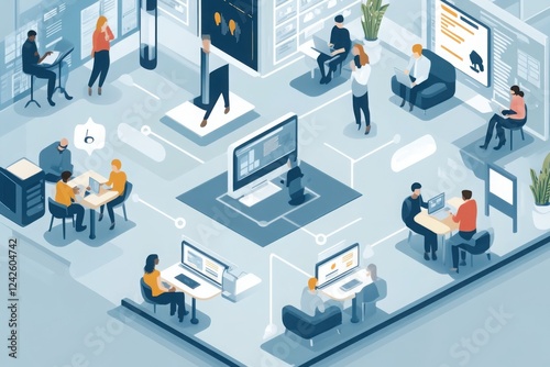 Wallpaper Mural A modern office environment with diverse individuals collaborating, using technology, and engaging in various tasks in a well-organized space. Torontodigital.ca