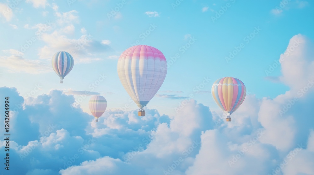 Naklejka premium Pastel hot air balloons soar above fluffy clouds at sunrise, idyllic travel scene
