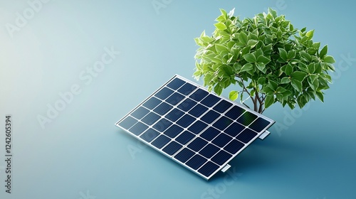 Isometric green tech 3D concept. A solar panel rests beside a vibrant green tree, symbolizing the harmony between renewable energy and nature. photo