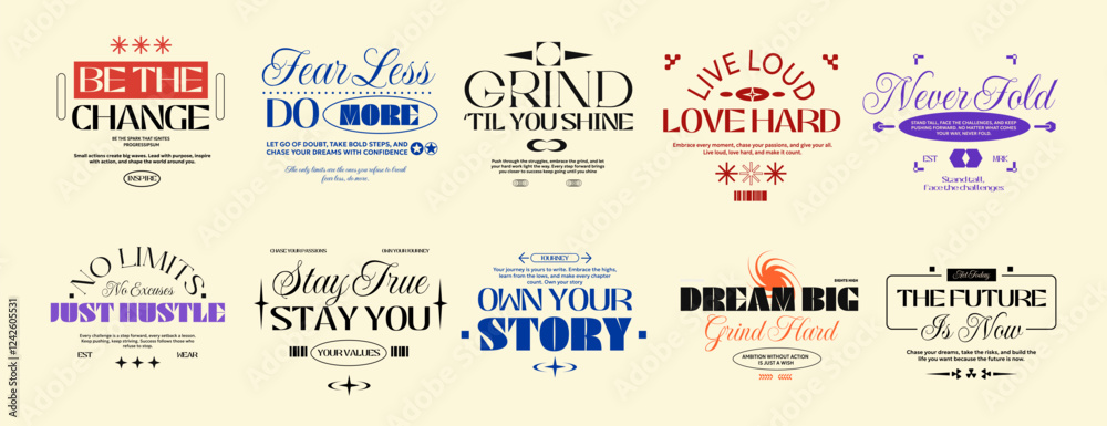 Minimalist typography set, for poster, t-shirt design. Vintage typography quotes vector set. Trendy typographic bundle for clothing design, Vintage lettering for t shirt 