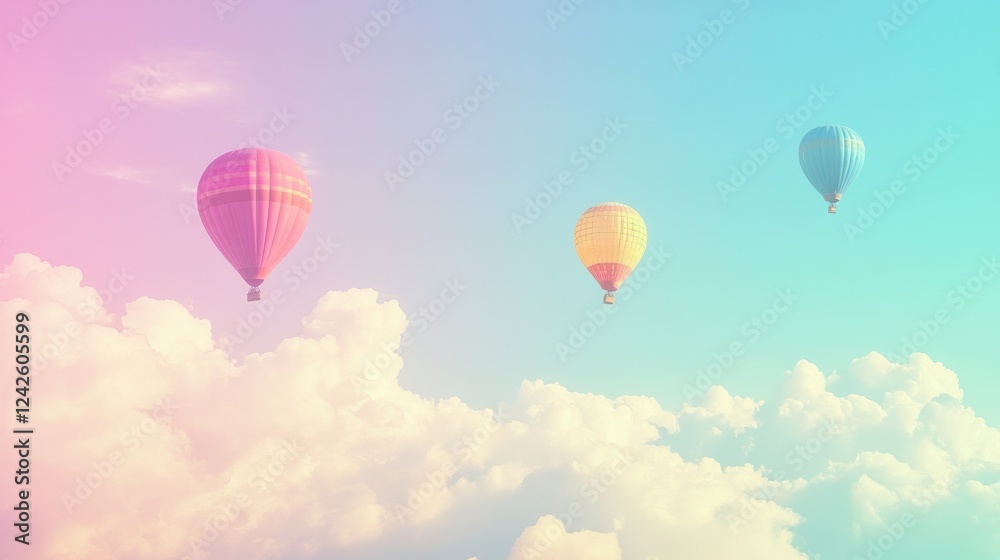 Pastel hot air balloons float above fluffy clouds, dreamy sky, travel poster
