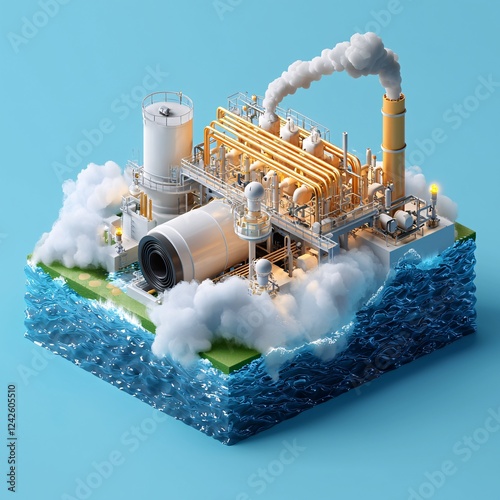 Isometric green tech 3D concept. A stylized industrial facility with pipes and smokestacks, set on a vibrant blue ocean backdrop, emitting clouds of steam. photo