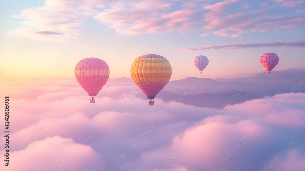 Fototapeta premium Hot air balloons soar above misty mountains at sunrise; travel poster