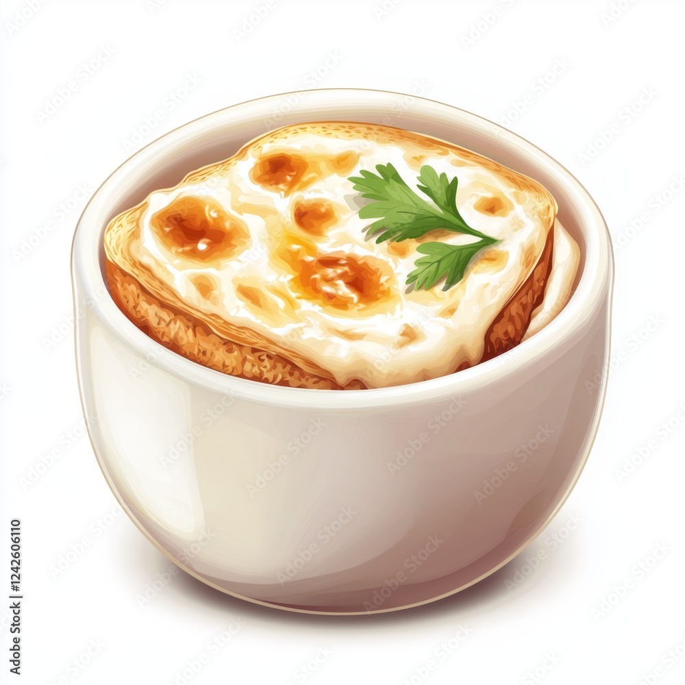 Delicious creamy dish with toasted bread topped with cheese and garnished with fresh cilantro in a white bowl Delicious creamy dish with toasted bread topped with cheese and garnished with fresh cilantro in a white bowl