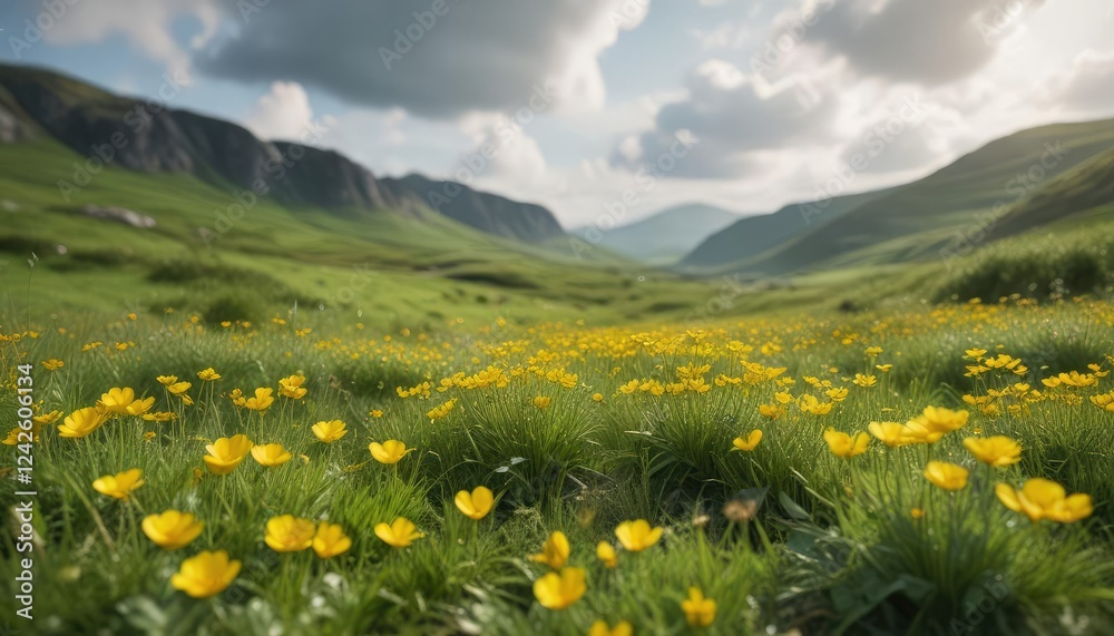 Vibrant wild buttercups blooming in lush green Irish fields, nature, botanical, meadow Vibrant wild buttercups blooming in lush green Irish fields, nature, botanical, meadow