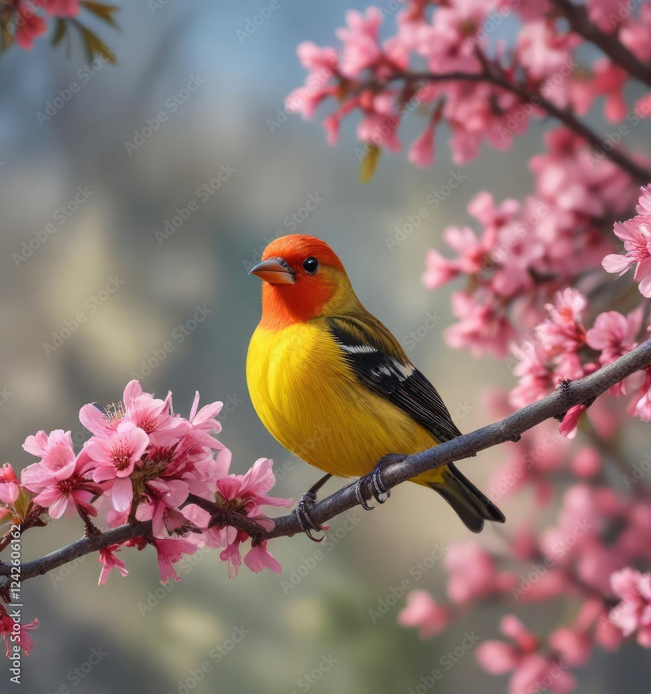 Vibrant western tanager perched on a blossoming tree branch in Idaho, Idaho, perched, branch, spring Vibrant western tanager perched on a blossoming tree branch in Idaho, Idaho, perched, branch, spring