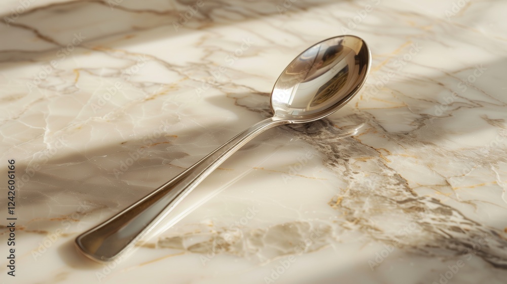 A close-up shot of a polished silver spoon resting on a marble surface, with soft lighting reflecting off its smooth surface, highlighting its elegant shine.
