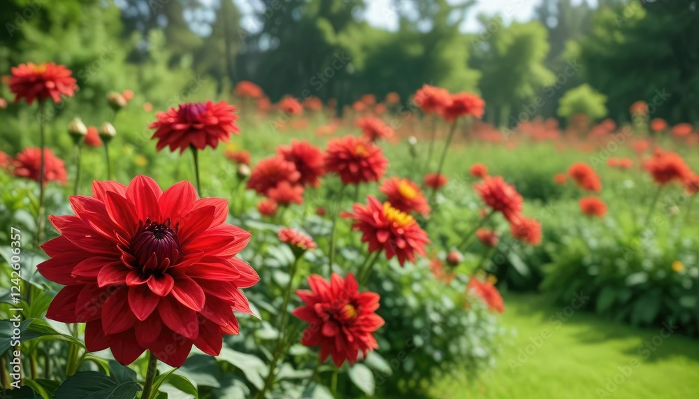 Vibrant red dahlia blooms against a blurred green background with garden scenery , floral, d Dahlia, nature Vibrant red dahlia blooms against a blurred green background with garden scenery , floral, d Dahlia, nature