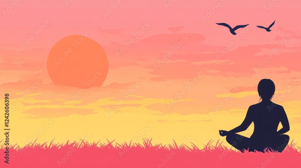 Serene Sunset Yoga Meditation Peaceful Silhouette Serene Sunset Yoga Meditation Peaceful Silhouette