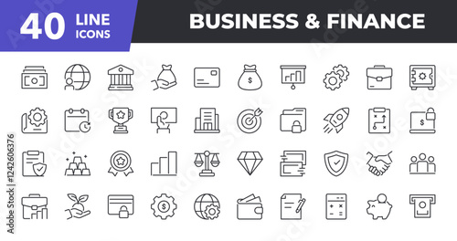 Business and Finance Line Icon Set. Contains such icons as People, Money, Bank, Savings. Vector illustration