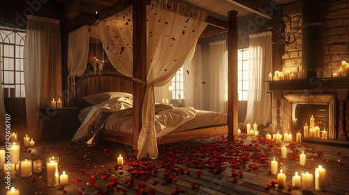 a vintage style bedroom with a wooden canopy bed decorated with flowers