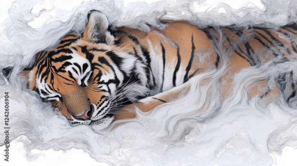 Obraz premium Serene Tiger Sleeping in Whirlwind Abstract Art