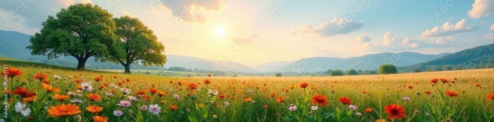 Trees and wildflowers blend seamlessly into the horizon, landscape, nature Trees and wildflowers blend seamlessly into the horizon, landscape, nature