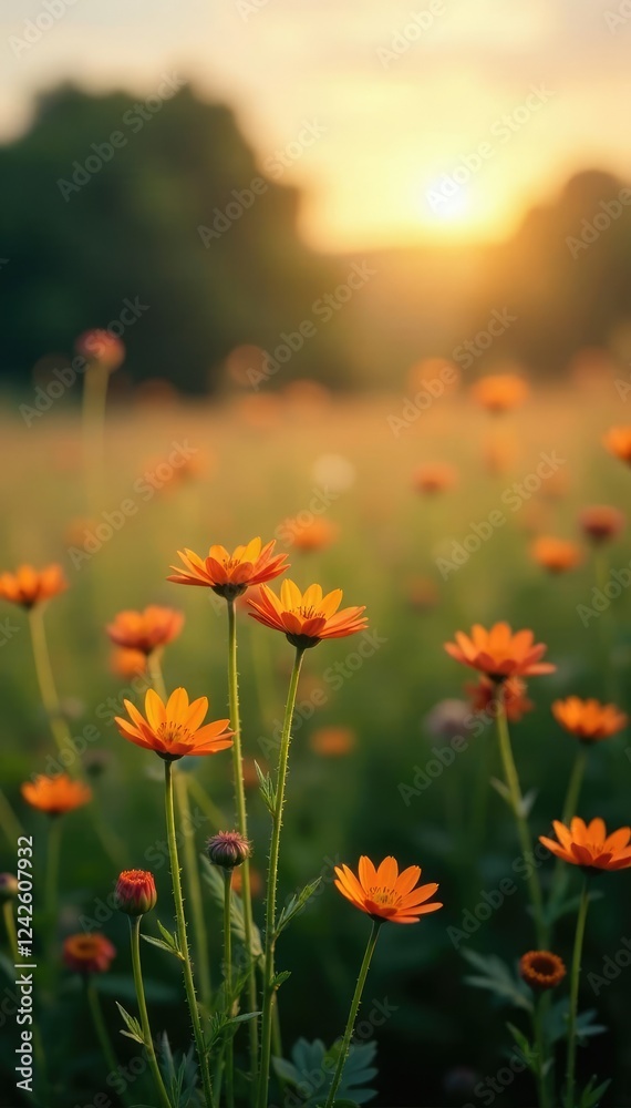 Fototapeta premium Softly glowing wildflowers in a meadow at dawn, , meadow, glow