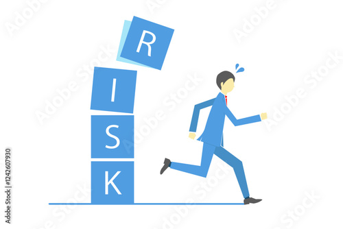 崩れるリスクと書かれたブロックから走って逃げるビジネスマン