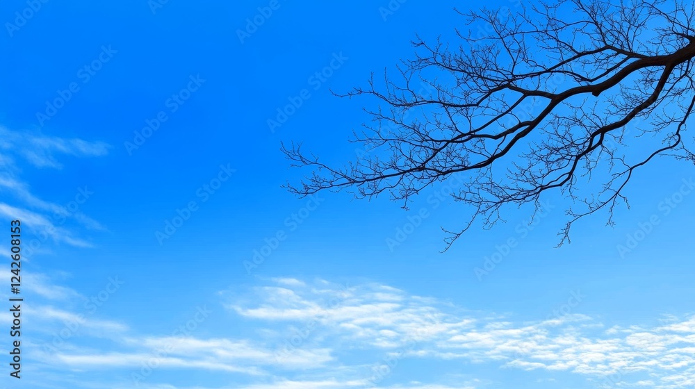Serene Winter Branch Against Blue Sky - A bare tree branch silhouetted against a vibrant blue sky with wispy clouds. Peaceful and tranquil winter scene.