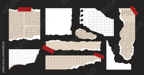 Torn paper and cut notebook modern collage with tape. Retro scarpbook element collection.