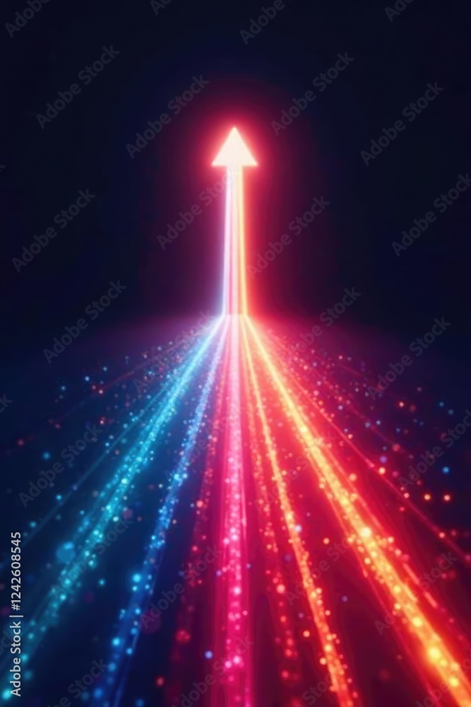 Glowing arrow extends from a single point emitting a spectrum of colored light trails behind, light, abstract Glowing arrow extends from a single point emitting a spectrum of colored light trails behind, light, abstract