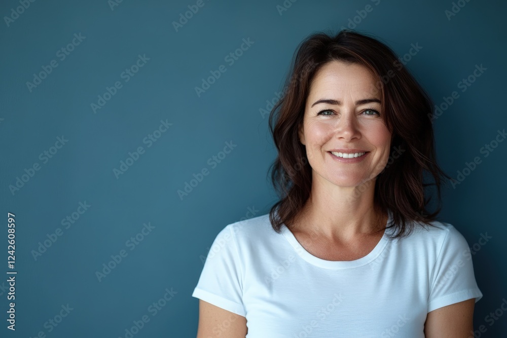 Portrait of a Confident Brunette Woman Smiling on a Blue Background. Generative AI.