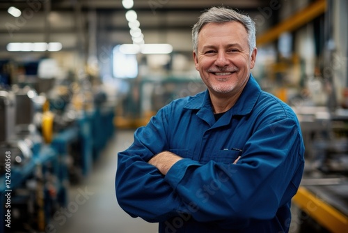 Experienced Factory Worker Smiling in an Industrial Environment. Generative AI.