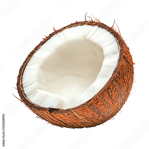 A half coconut showcasing its brown shell and creamy white inner flesh.