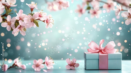 Beautiful spring scene featuring a pastel gift box adorned with a pink ribbon, surrounded by blooming flowers and shimmering light effects, May celebration vibes.