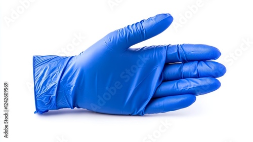Blue Nitrile Glove Hand Closeup - A close-up image of a single blue nitrile glove on a white background, showcasing its texture and form.