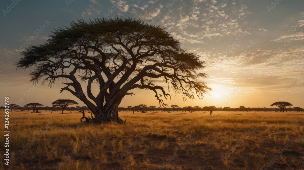 African Savanna Sunset: Majestic Acacia Tree Silhouette African Savanna Sunset: Majestic Acacia Tree Silhouette