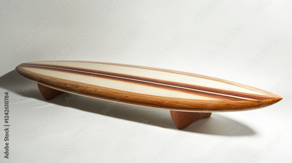 Fototapeta premium Surfboard Coffee Table: A unique and stylish surfboard-shaped coffee table crafted from rich wood tones, featuring a smooth, polished surface and sturdy legs.