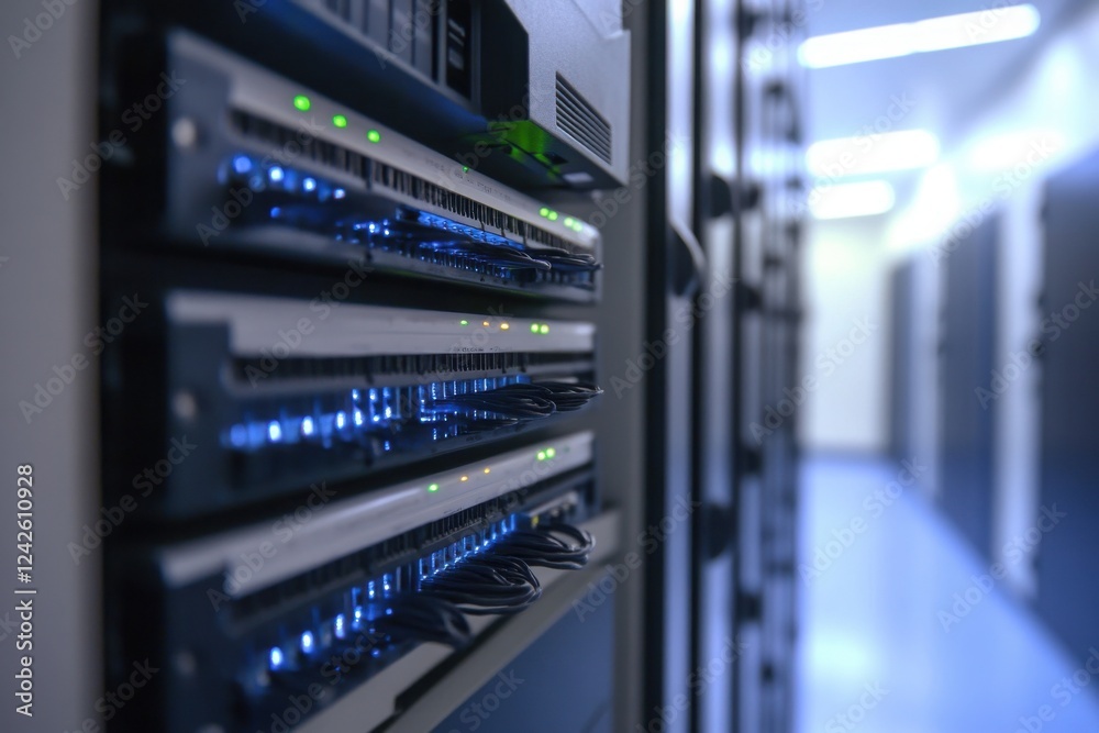 A close-up view of server racks illuminated with blue lights, showcasing a modern data center environment. A close-up view of server racks illuminated with blue lights, showcasing a modern data center environment.