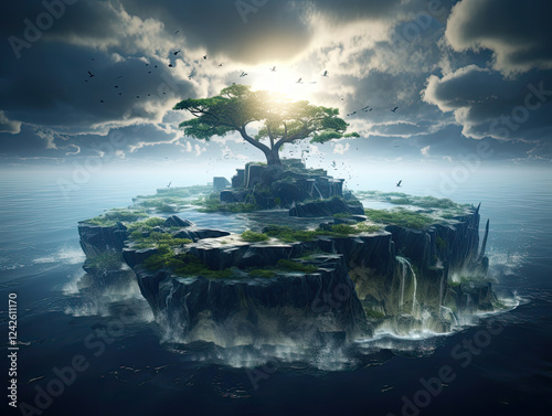 Solitary Tree on a Rocky Island in a Dramatic Ocean Landscape