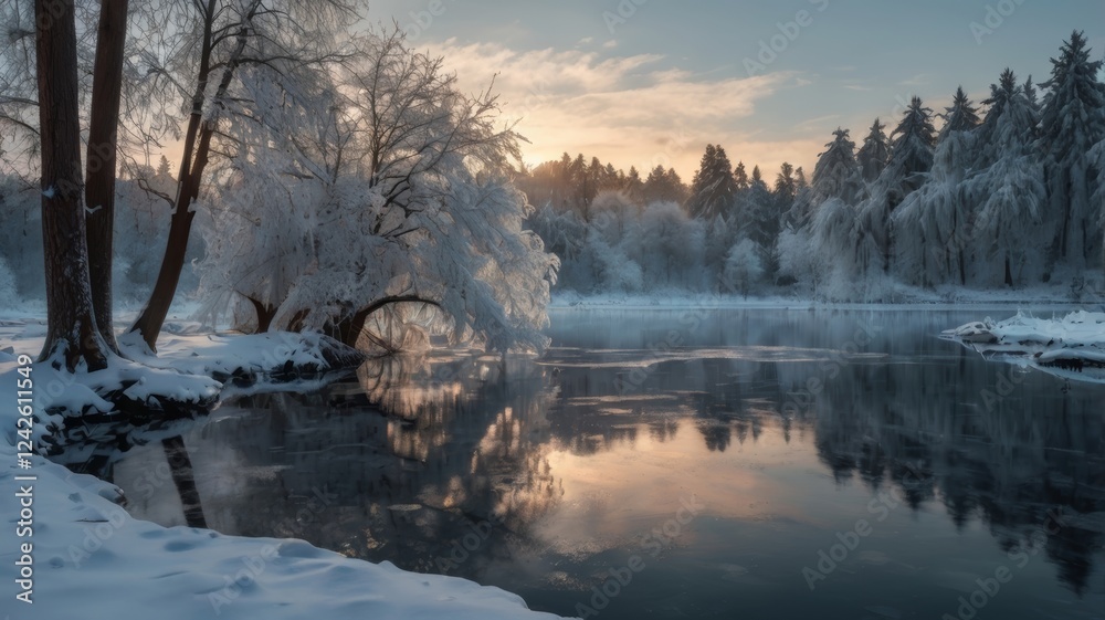 Winter's Embrace: Serene River Reflection in a Frozen Forest Winter's Embrace: Serene River Reflection in a Frozen Forest