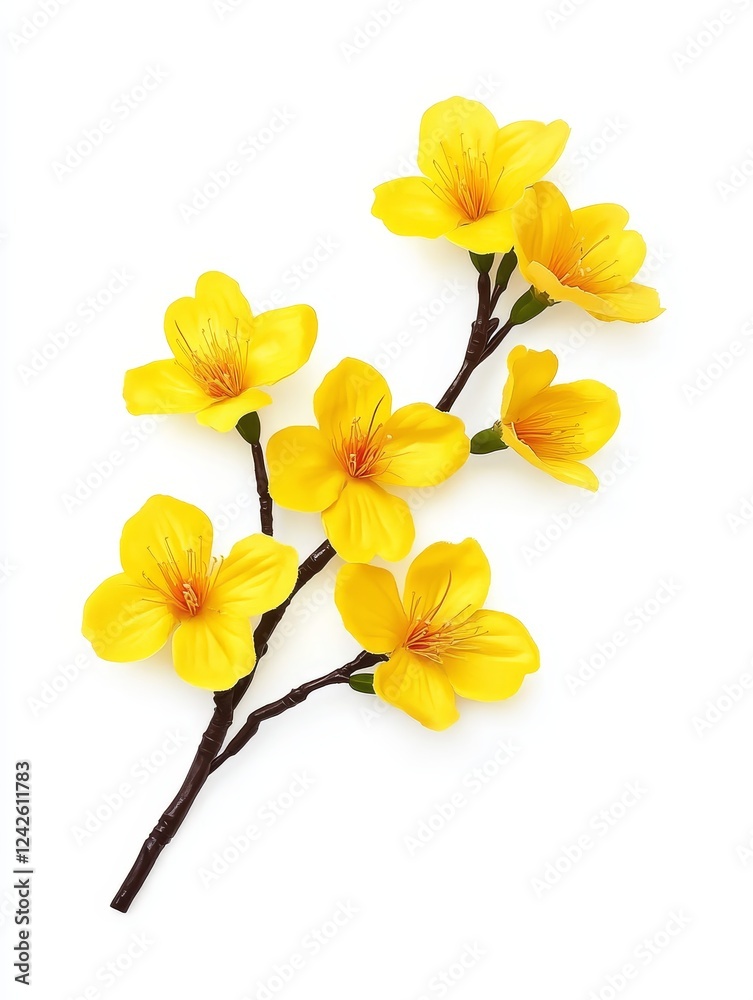 Fototapeta premium Yellow Apricot Blossom Branch - A delicate branch of vibrant yellow apricot blossoms isolated on a white background. Perfect for spring themes.