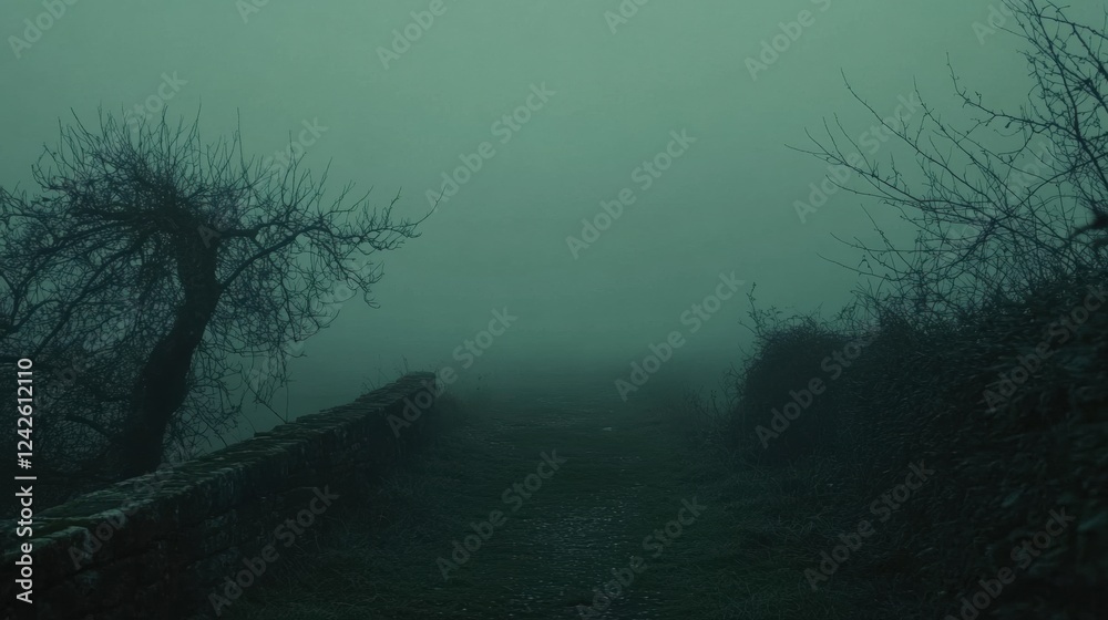 Fototapeta premium Dark Green Foggy Landscape with Silhouetted Trees
