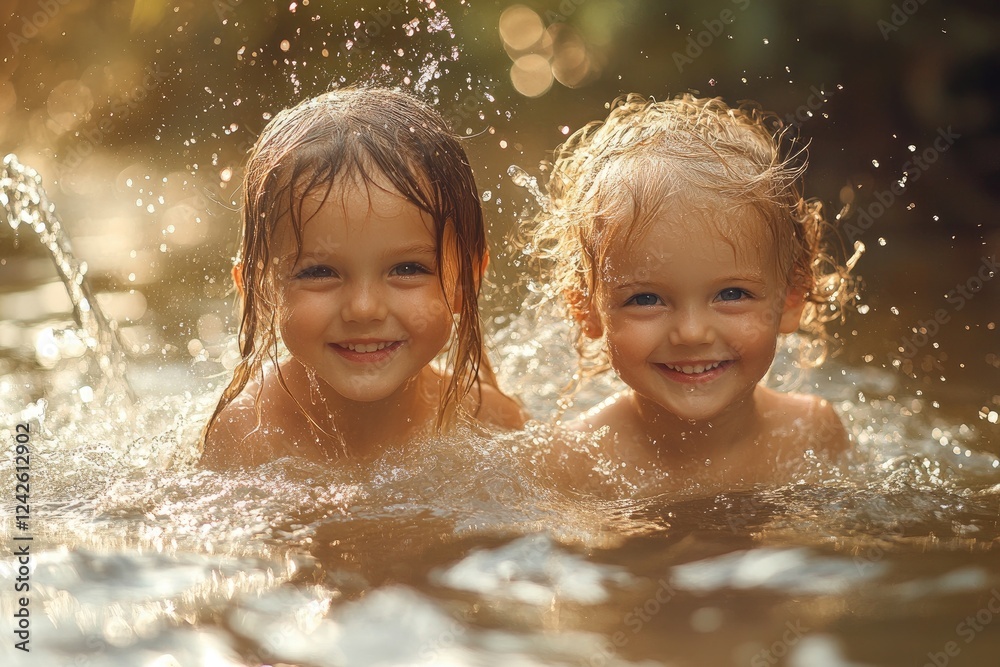 Obraz premium Two smiling children bathing and playing in a river