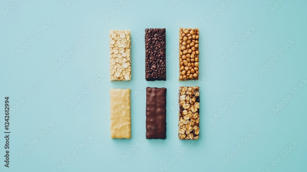 Protein bar with granola, seeds, and nut toppings on blue background, perfect for health-conscious diets, protein healthy vegan snack sugar free Protein bar with granola, seeds, and nut toppings on blue background, perfect for health-conscious diets, protein healthy vegan snack sugar free