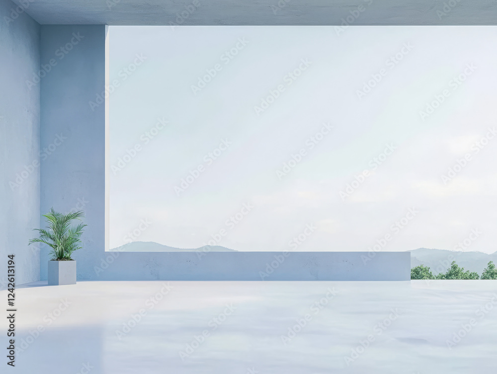 Modern interior space with a large window showcasing a distant mountain view Modern interior space with a large window showcasing a distant mountain view