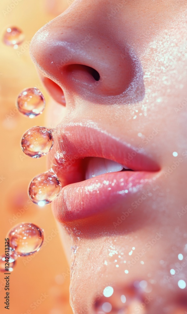 Fototapeta premium Close-up of a woman's face with water droplets, emphasizing hydration and skincare routine