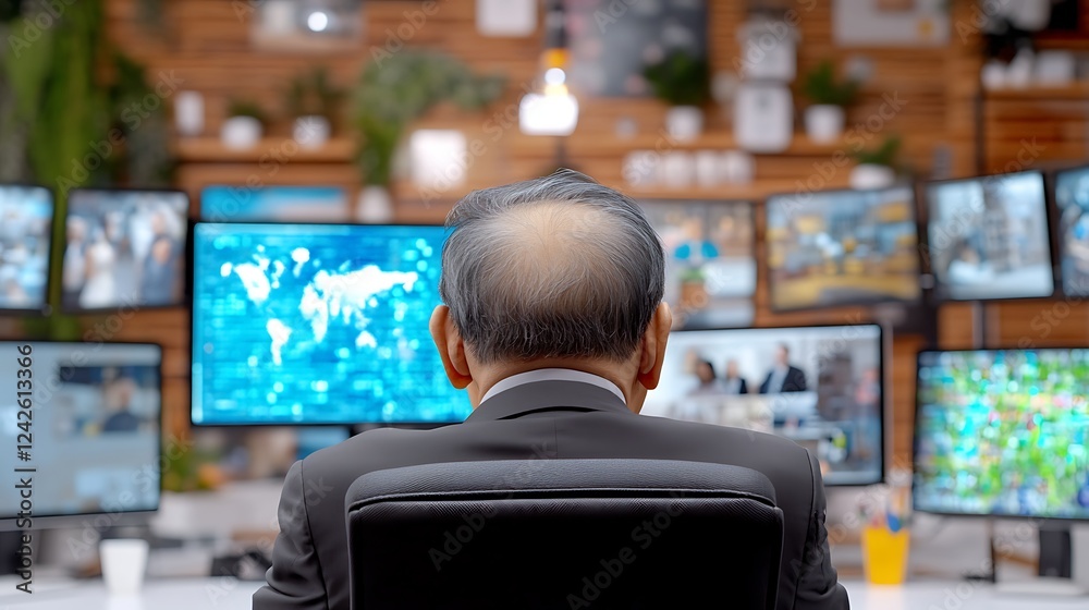 Obraz premium Business professional observing multiple screens displaying data and video conferences in a modern office