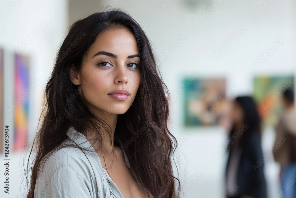 Naklejka premium Elegant Woman at Modern Art Gallery Event.