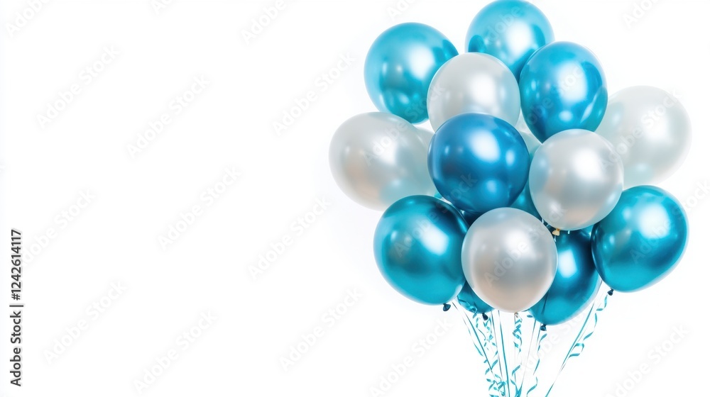 Cluster of Blue and Silver Balloons on White Background Cluster of Blue and Silver Balloons on White Background