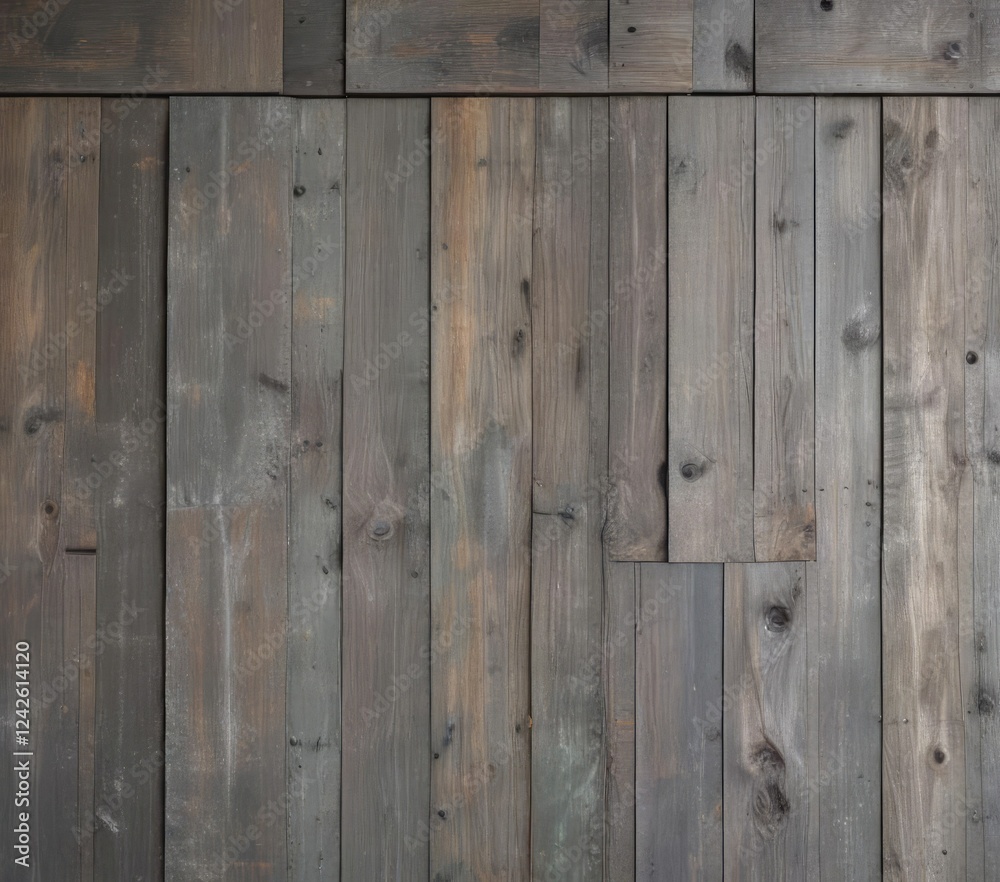 Naklejka premium Weathered wood paneling with a weathered grey patina, backdrop, textured, vintage