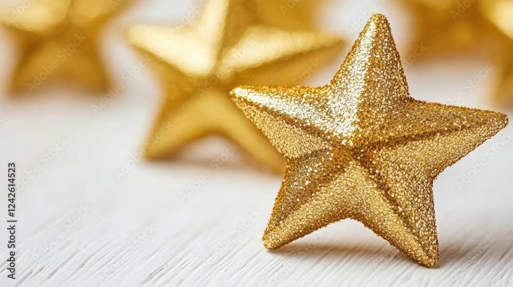 Gold Glitter Stars on White Wooden Background Gold Glitter Stars on White Wooden Background