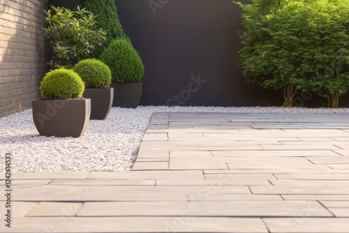 Modern outdoor garden design featuring potted plants and stone pathways in a serene setting