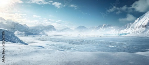 Arctic winter landscape featuring vast glaciers and a frozen sea.