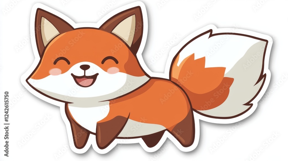 Fototapeta premium Happy cartoon fox sticker design, white background, playful pose, for children's products