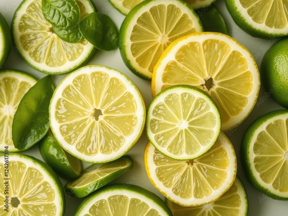 Vibrant citrus green background with slices of fresh lime and lemon, lemon, slices, food Vibrant citrus green background with slices of fresh lime and lemon, lemon, slices, food
