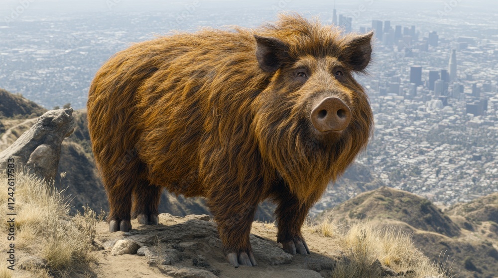Hairy Brown Pig on Mountaintop Overlooking Cityscape Hairy Brown Pig on Mountaintop Overlooking Cityscape